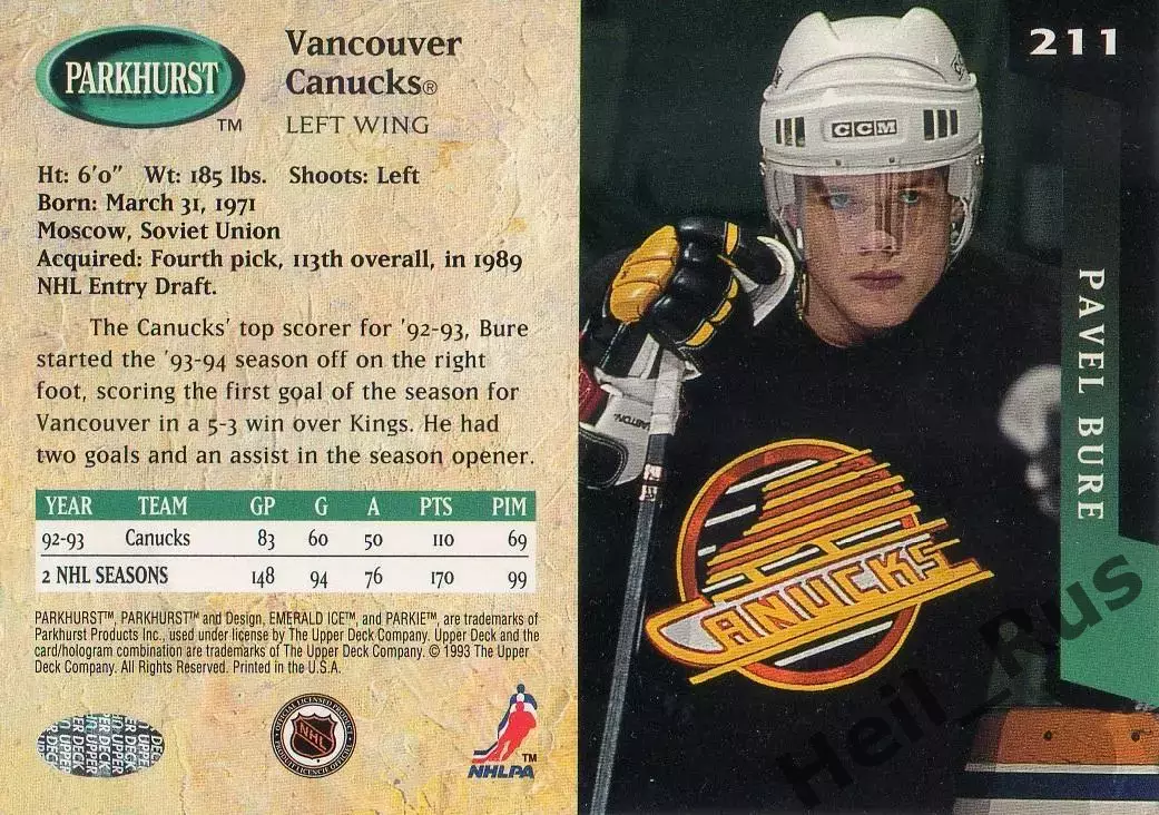Карточка Павел Буре (Ванкувер/Vancouver Canucks, Спартак/ЦСКА Москва) NHL/НХЛ 1