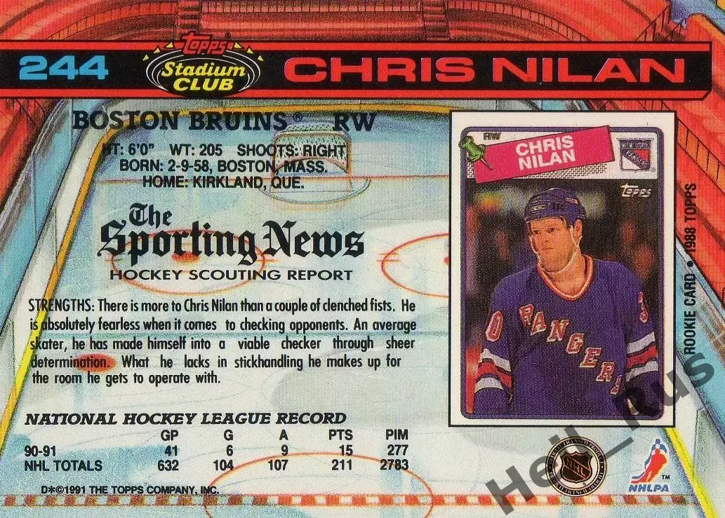 Хоккей. Карточка Chris Nilan/Крис Нилан (Boston Bruins/Бостон Брюинз) НХЛ/NHL 1