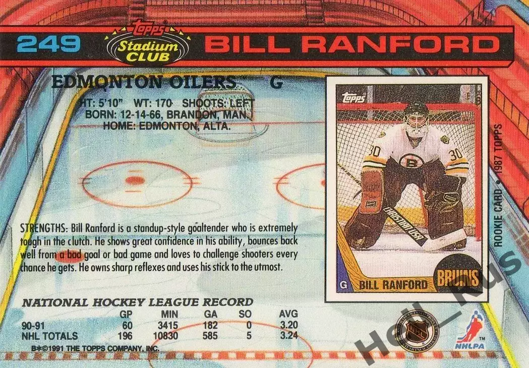 Карточка Bill Ranford/Билл Рэнфорд (Edmonton Oilers/Эдмонтон Ойлерз) НХЛ/NHL 1