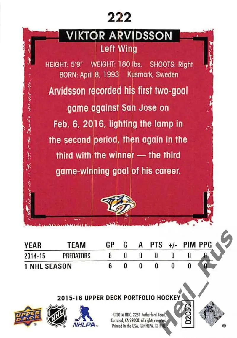 Хоккей. Карточка Viktor Arvidsson/Виктор Арвидссон (Нэшвилл Предаторз) НХЛ/NHL 1
