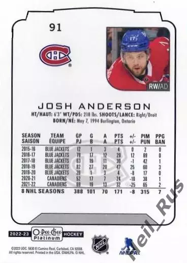 Хоккей Карточка Josh Anderson/Джош Андерсон Montreal Canadiens/Монреаль НХЛ/NHL 1