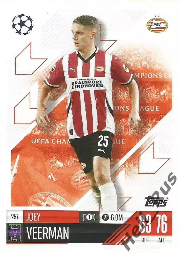 Футбол. Карточка Джоуи Верман (PSV/ПСВ Эйндховен) Лига Чемпионов 2024-25 TOPPS