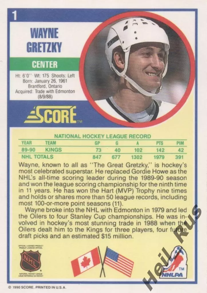Карточка Wayne Gretzky/Уэйн Гретцки Los Angeles Kings/Лос-Анджелес Кингз НХЛ/NHL 1