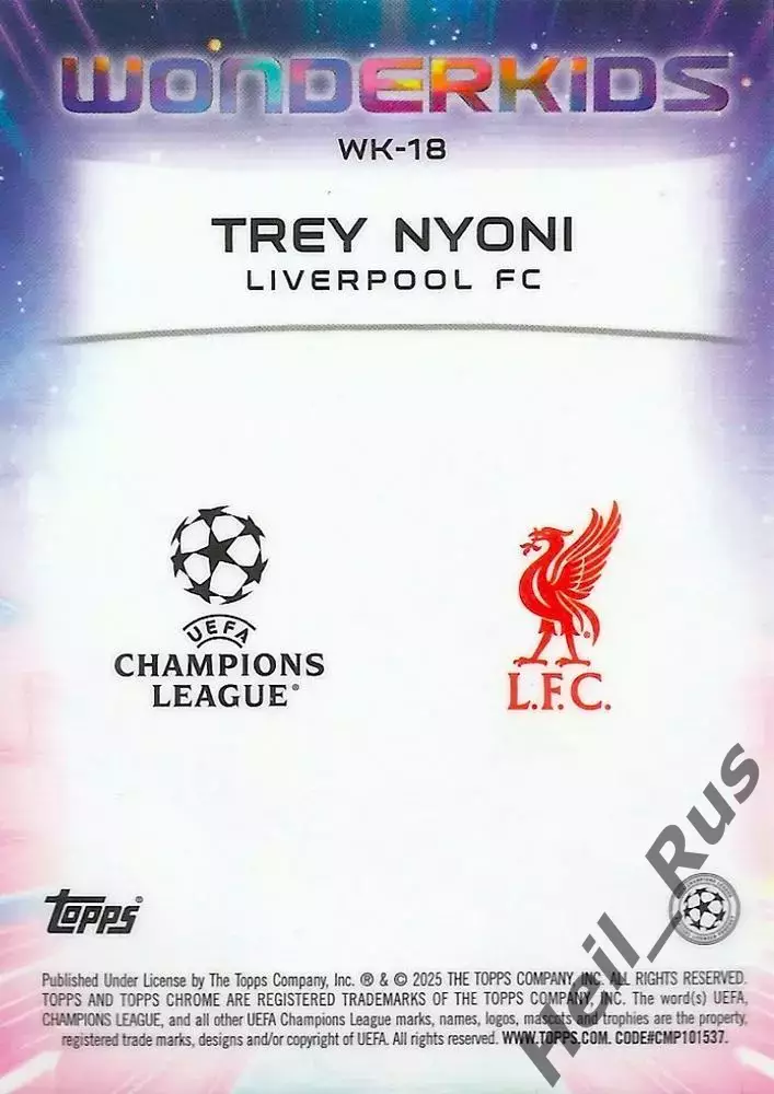 Футбол. Карточка Trey Nyoni/Трей Ньони (Ливерпуль) Лига Чемпионов 2024-25 TOPPS 1