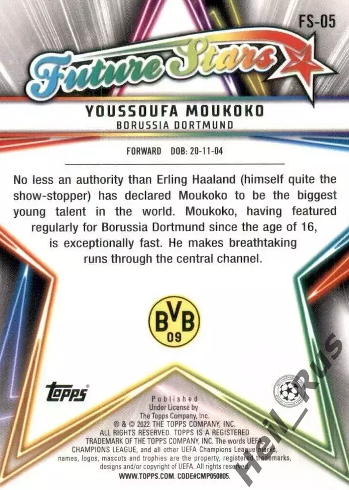 Футбол; Карточка Юссуфа Мукоко (Боруссия Дортмунд) Лига Чемпионов 2021/22 TOPPS 1