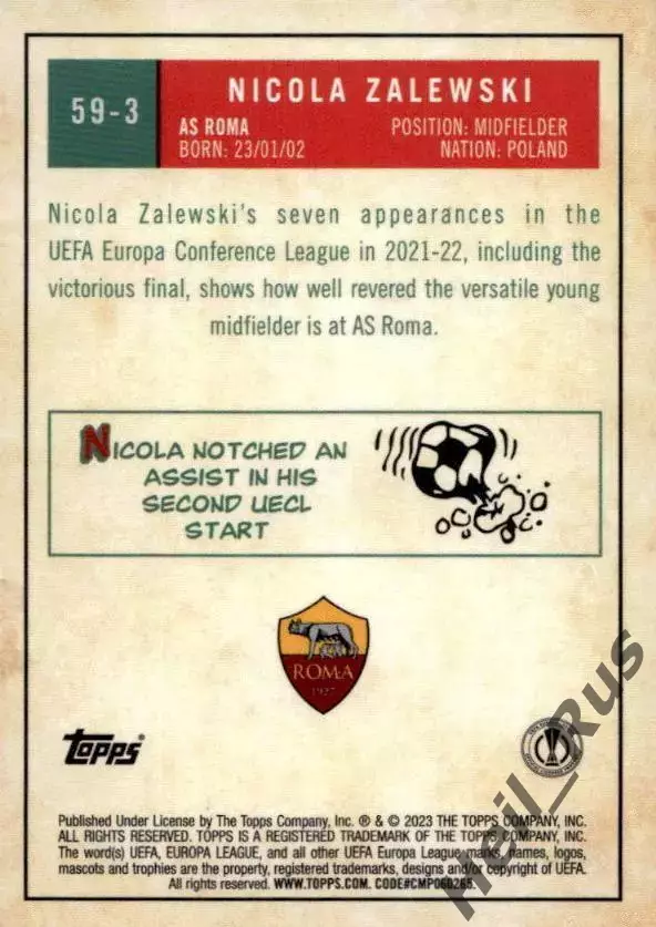 Футбол. Карточка Никола Залевский Рома/Интер/Аталанта Лига Европы 2022-23 TOPPS 1