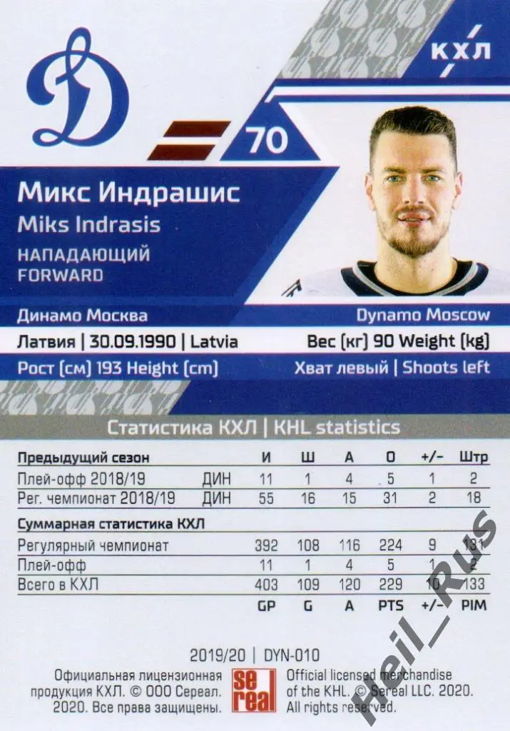 Хоккей. Карточка Микс Индрашис (Динамо Москва) КХЛ/KHL сезон 2019/20 SeReal 1