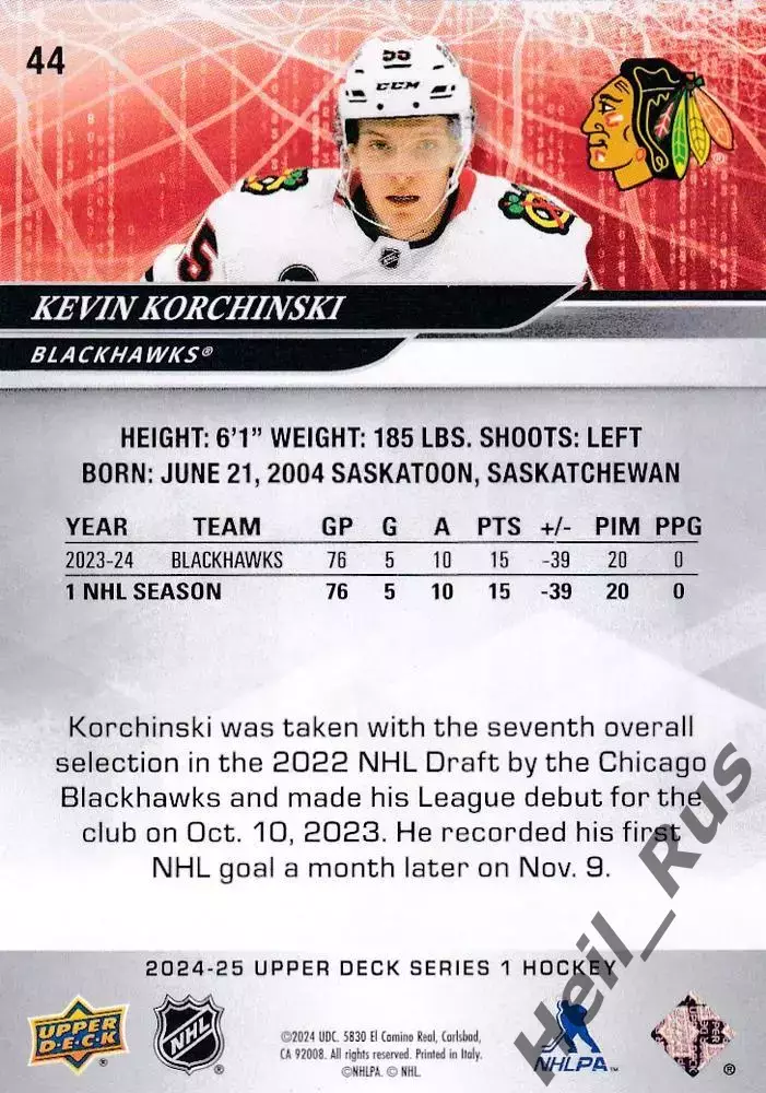 Хоккей. Карточка Кевин Корчински (Chicago Blackhawks/Чикаго Блэкхокс) НХЛ/NHL 1