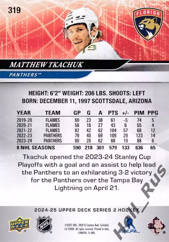 Карточка Matthew Tkachuk/Мэттью Ткачук Florida Panthers/Флорида Пантерз НХЛ/NHL 1