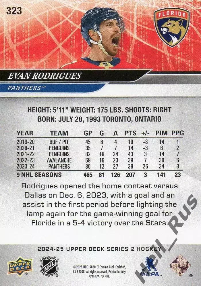 Карточка Evan Rodrigues/Эван Родригес (Florida Panthers/Флорида Пантерз) НХЛ/NHL 1