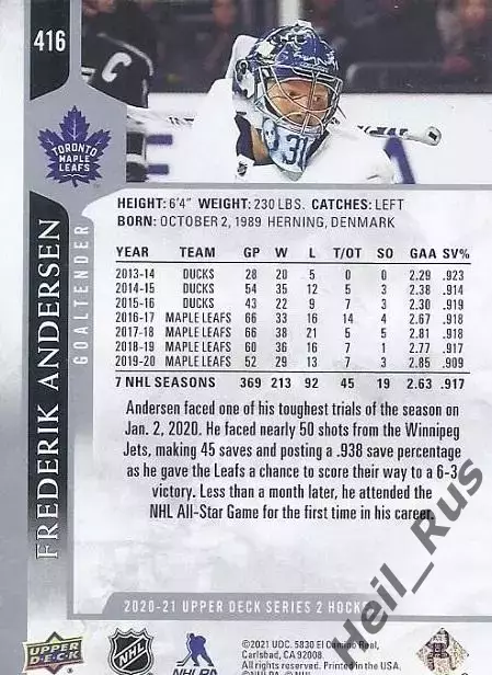 Карточка Frederik Andersen/Фредерик Андерсен Toronto Maple Leafs/Торонто NHL НХЛ 1