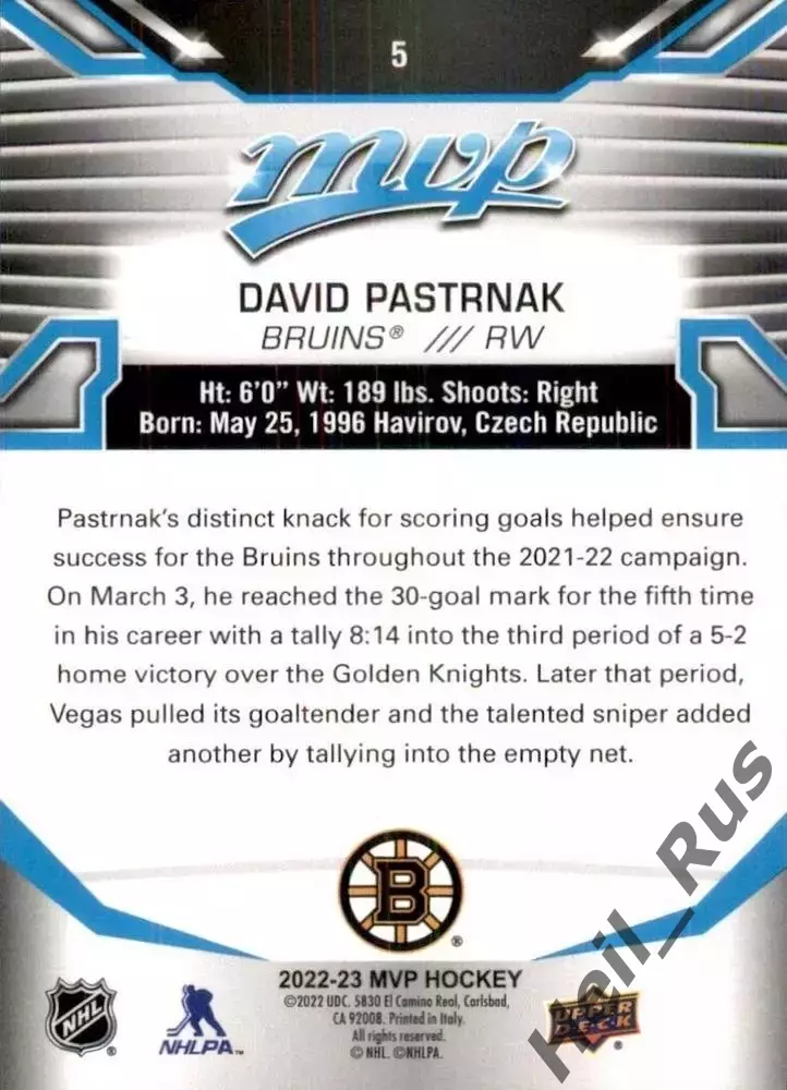 Карточка David Pastrnak/Давид Пастрняк (Boston Bruins/Бостон Брюинз) НХЛ / NHL 1