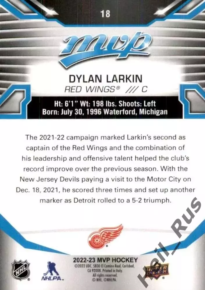Карточка Dylan Larkin/Дилан Ларкин Detroit Red Wings/Детройт Ред Уингз NHL/НХЛ 1