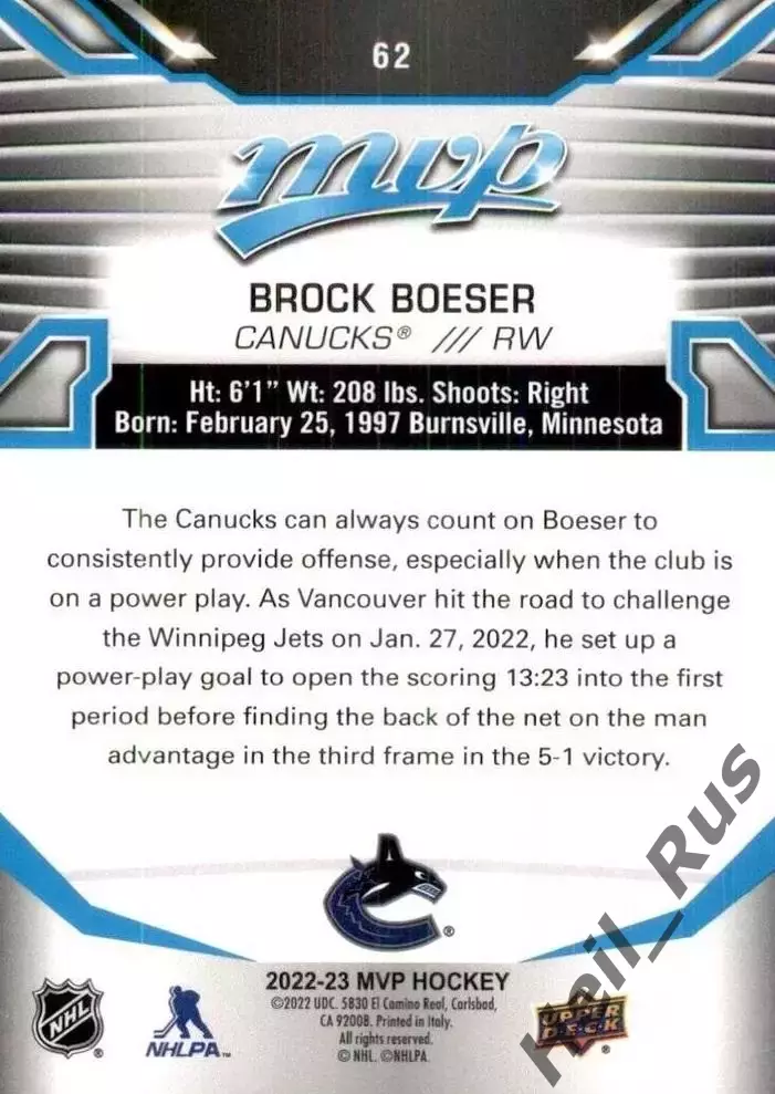 Карточка Brock Boeser/Брок Бесер (Vancouver Canucks/Ванкувер Кэнакс) НХЛ / NHL 1