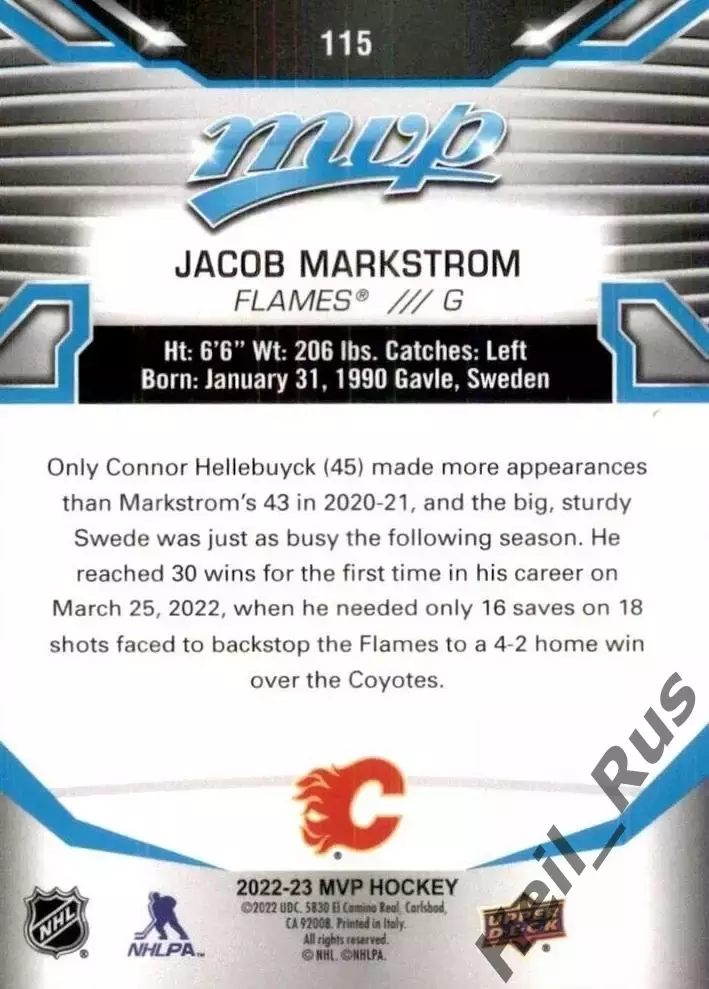 Карточка Jacob Markstrom/Якоб Маркстрем (Calgary Flames/Калгари Флэймз) NHL-НХЛ 1