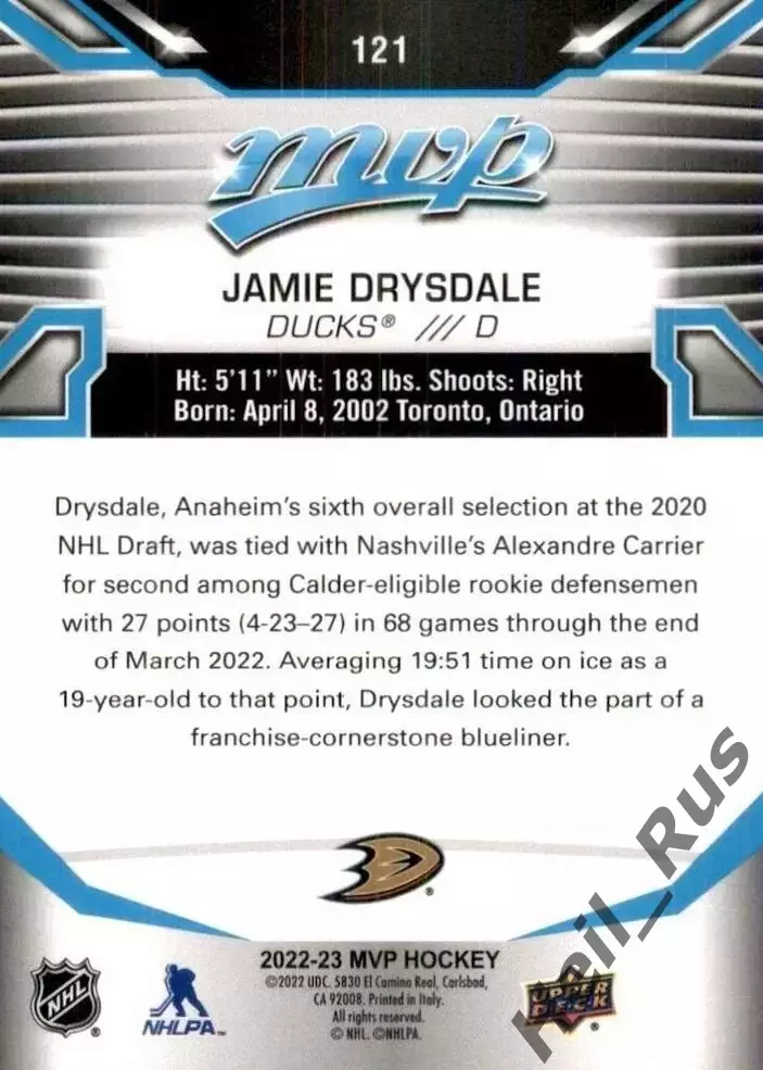 Карточка Jamie Drysdale / Джейми Драйсдейл (Anaheim Ducks/Анахайм Дакс) НХЛ/NHL 1