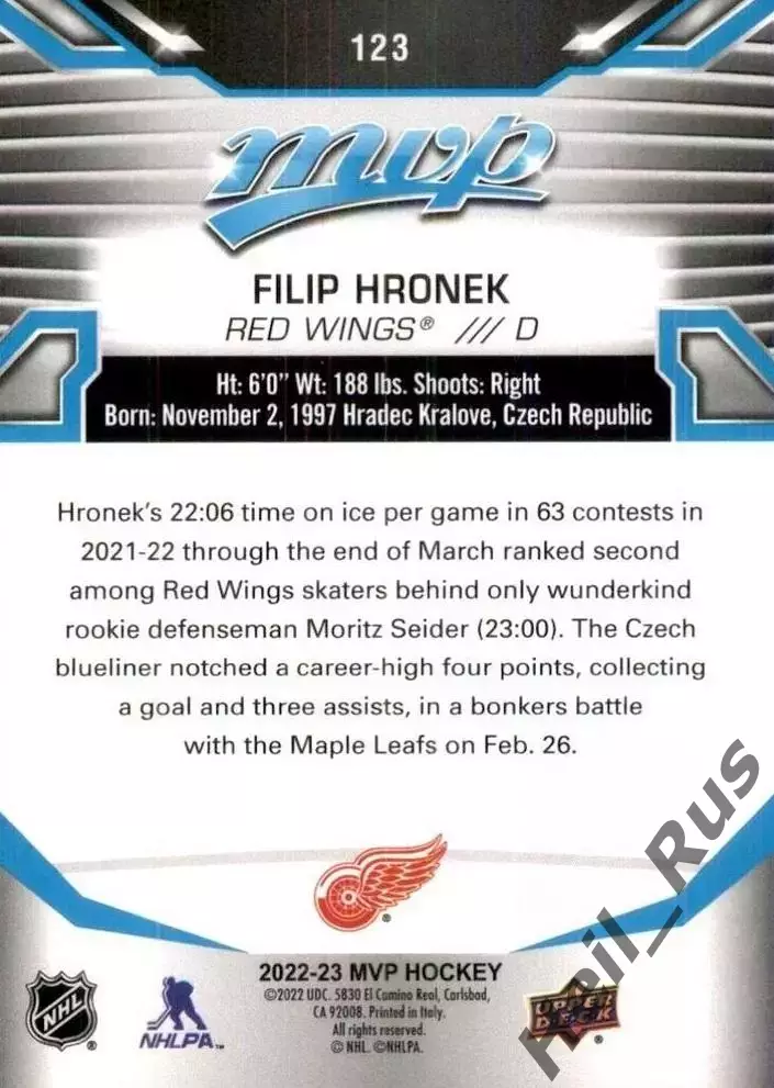 Карточка Filip Hronek/Филип Гронек (Detroit Red Wings/Детройт Ред Уингз) НХЛ/NHL 1