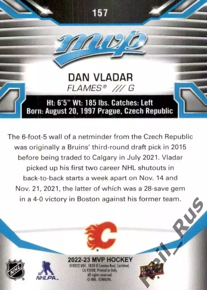 Хоккей Карточка Dan Vladar/Даниэль Владарж Calgary Flames/Калгари Флэймз NHL/НХЛ 1