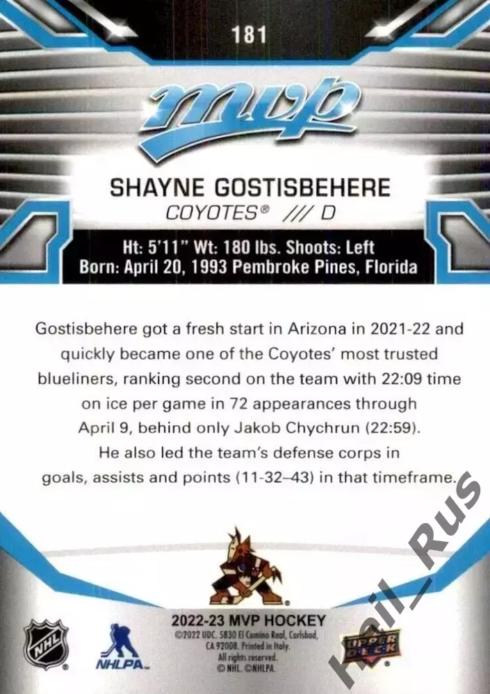 Карточка Shayne Gostisbehere/Шейн Гостисбеер (Arizona Coyotes / Аризона) НХЛ/NHL 1