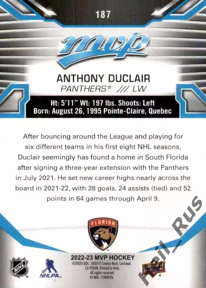 Карточка Anthony Duclair/Энтони Дюклер Florida Panthers/Флорида Пантерз НХЛ/NHL 1