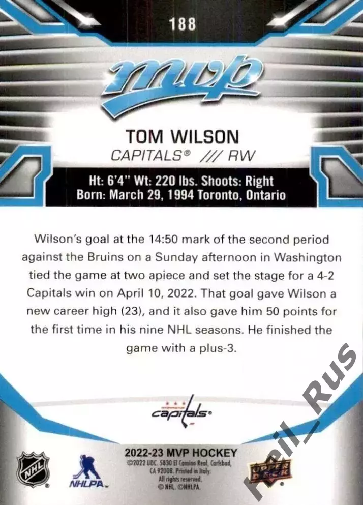 Карточка Tom Wilson/Том Уилсон (Washington Capitals/Вашингтон Кэпиталз) NHL НХЛ 1
