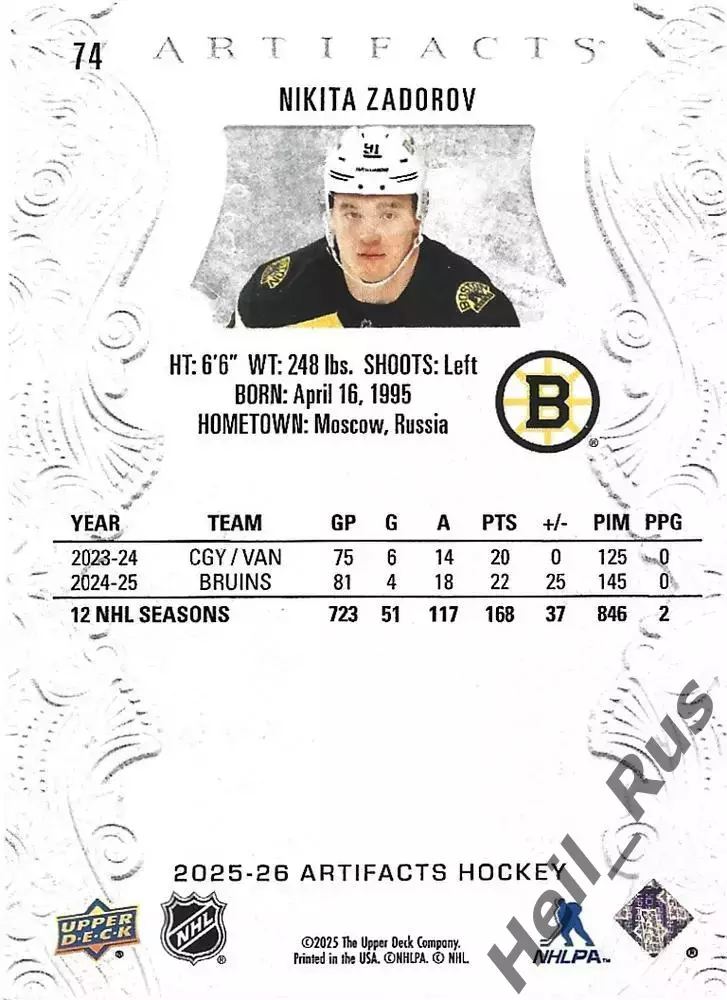 Хоккей. Карточка Никита Задоров Boston Bruins/Бостон Брюинз, ЦСКА Москва НХЛ/NHL 1