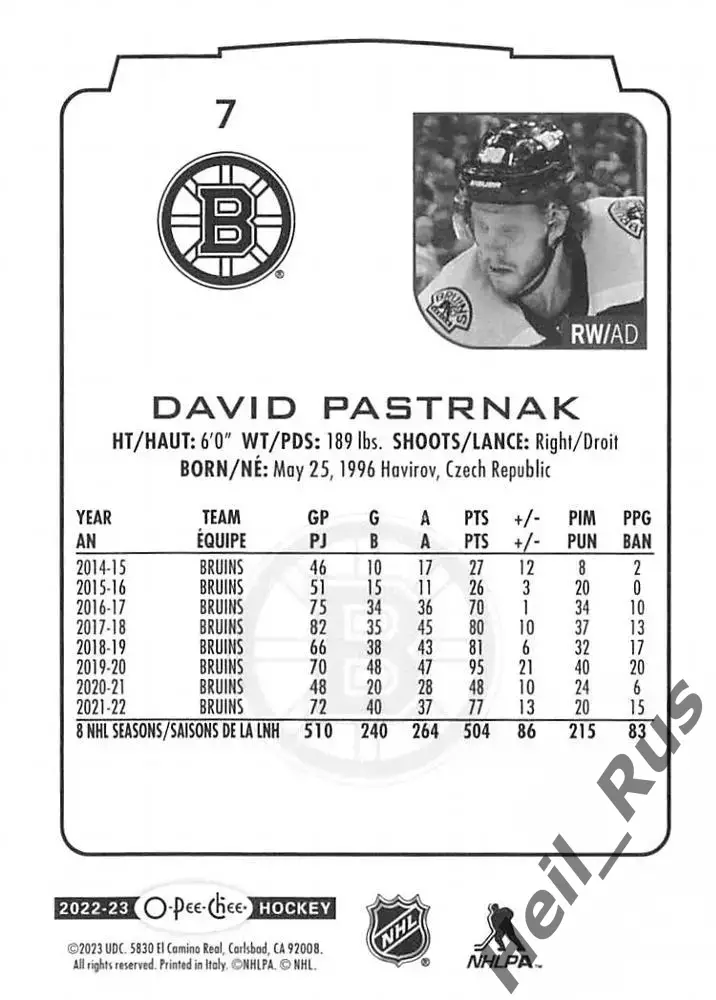 Карточка David Pastrnak/Давид Пастрняк (Boston Bruins / Бостон Брюинз) НХЛ / NHL 1