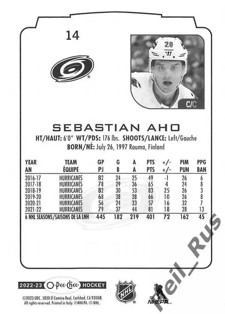 Хоккей Карточка Sebastian Aho Себастьян Ахо Carolina Hurricanes/Каролина NHL/НХЛ 1