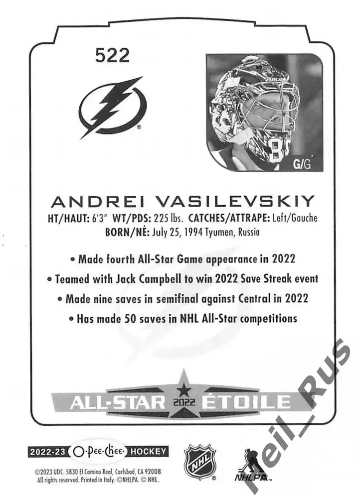 Карточка Андрей Василевский (Тампа-Бэй Лайтнинг, Салават Юлаев Уфа) NHL НХЛ, КХЛ 1