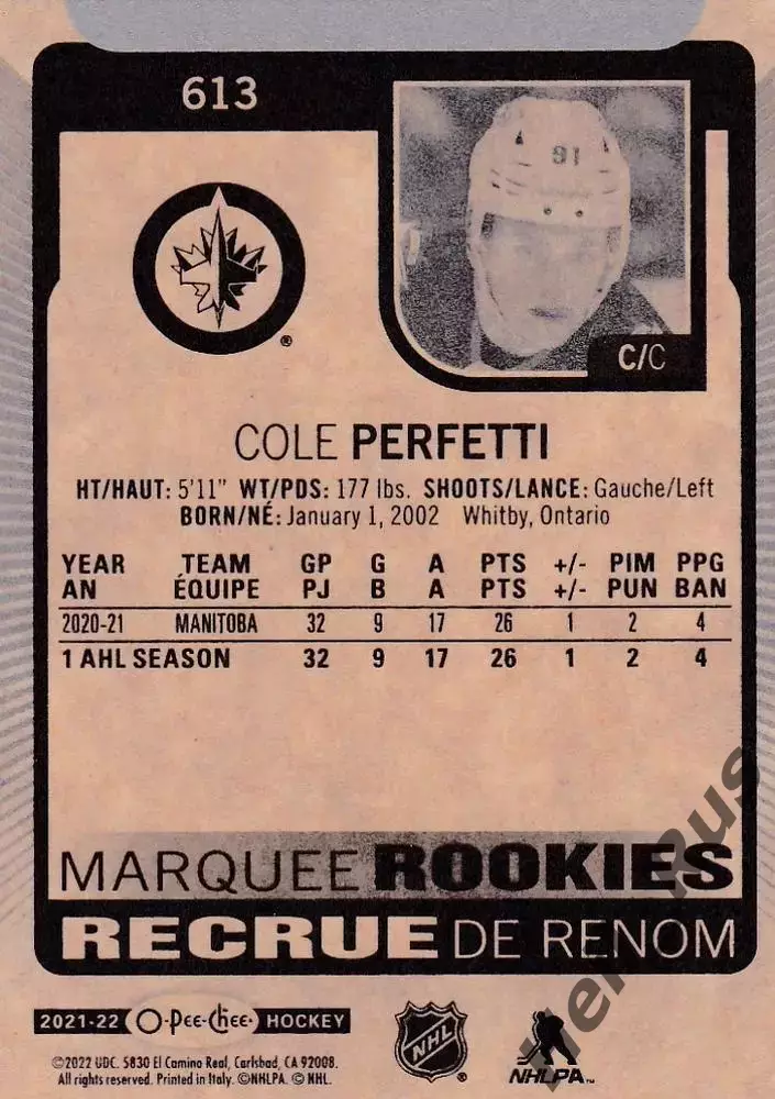 Хоккей Карточка Cole Perfetti/Коул Перфетти Winnipeg Jets/Виннипег Джетс NHL НХЛ 1