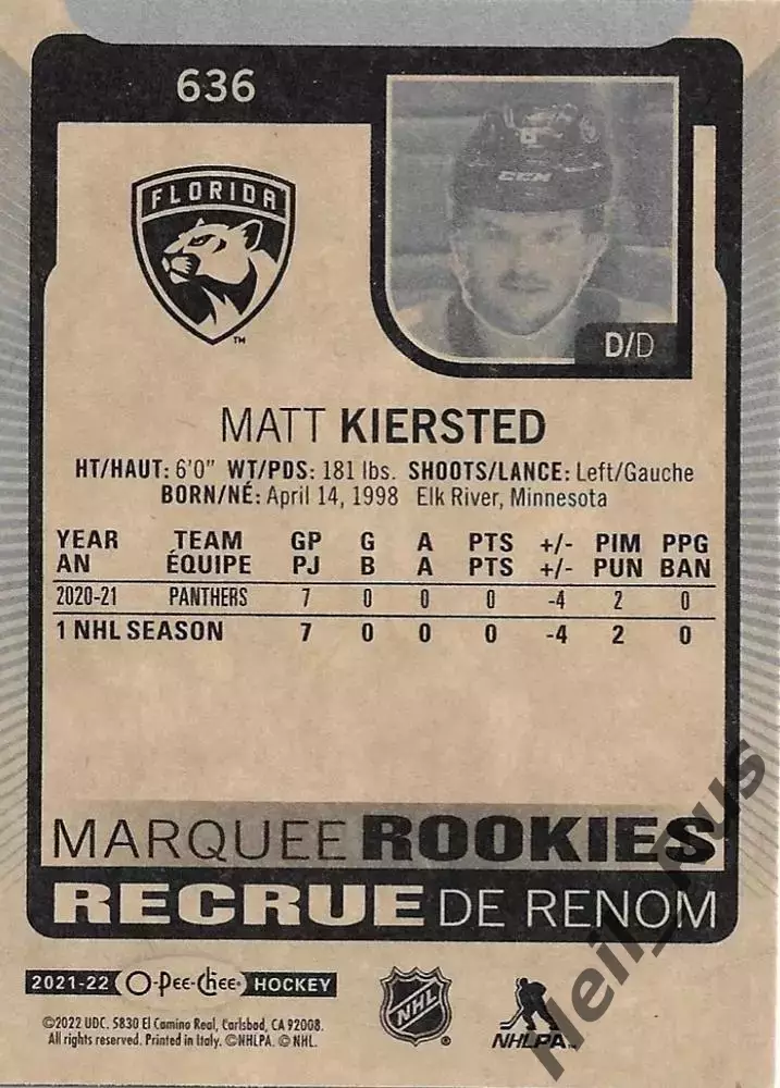 Карточка Matt Kiersted/Мэтт Кирстед (Florida Panthers/Флорида Пантерз) НХЛ/NHL 1