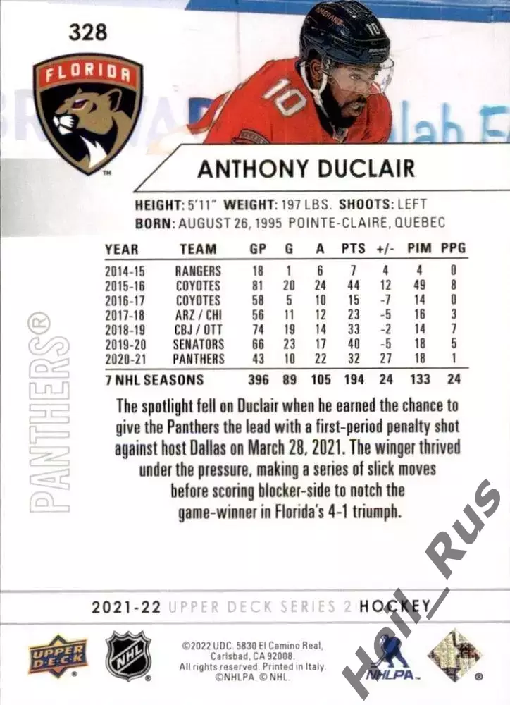 Карточка Anthony Duclair/Энтони Дюклер Florida Panthers/Флорида Пантерз, НХЛ/NHL 1