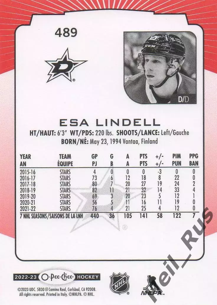 Хоккей. Карточка Esa Lindell/Эса Линделль (Dallas Stars/Даллас Старз) НХЛ / NHL 1