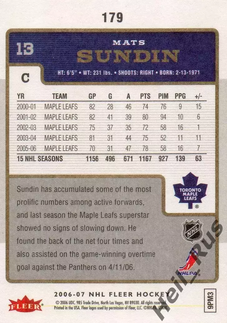 Карточка Mats Sundin/Матс Сундин Toronto Maple Leafs/Торонто Мейпл Лифс, НХЛ/NHL 1
