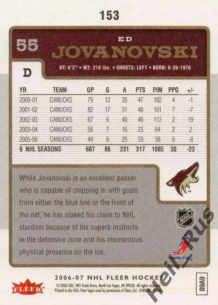 Хоккей. Карточка Jovanovski/Эд Жовановски Ванкувер Кэнакс/Финикс Койотис НХЛ/NHL 1