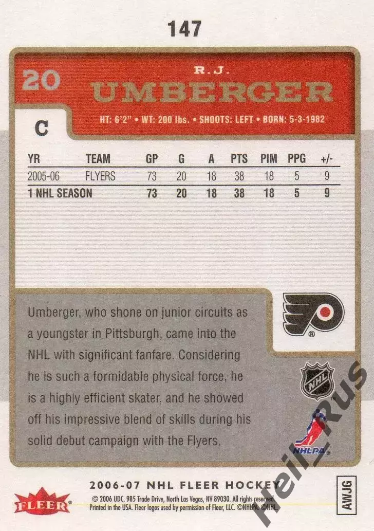 Хоккей Карточка Ар Джей Амбергер Philadelphia Flyers/Филадельфия Флайерз НХЛ/NHL 1