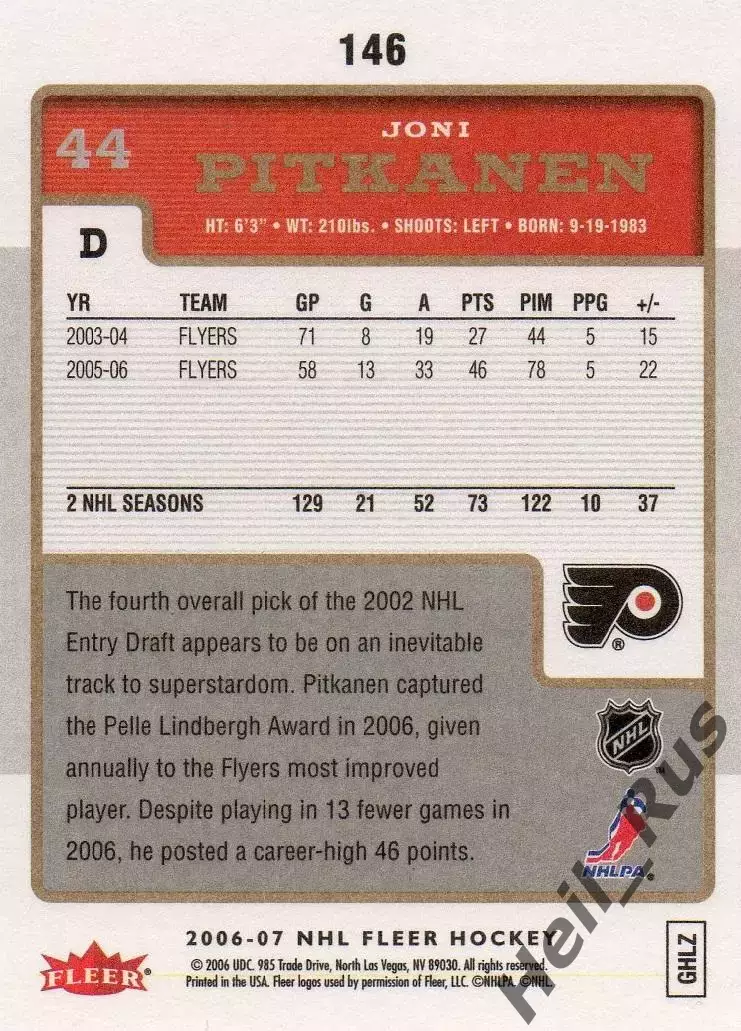 Хоккей. Карточка Йони Питкянен (Philadelphia Flyers/Филадельфия Флайерз) НХЛ/NHL 1