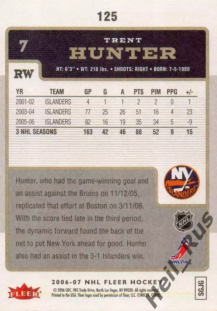 Карточка Trent Hunter/Трент Хантер New York Islanders/Нью-Йорк Айлендерс NHL/НХЛ 1