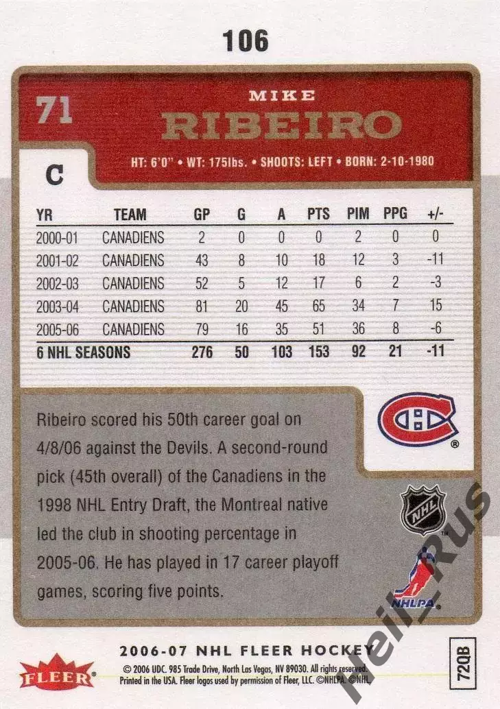 Карточка Mike Ribeiro/Майк Рибейро Montreal Canadiens/Монреаль Канадиенс НХЛ/NHL 1