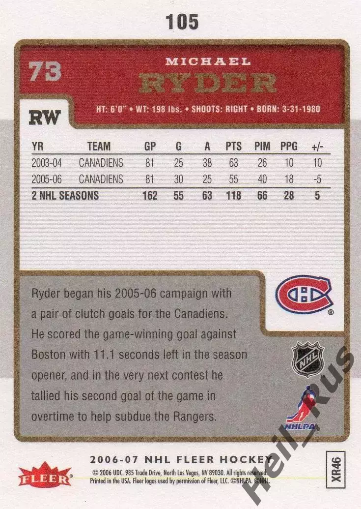 Хоккей. Карточка Michael Ryder/Майкл Райдер Montreal Canadiens/Монреаль НХЛ/NHL 1