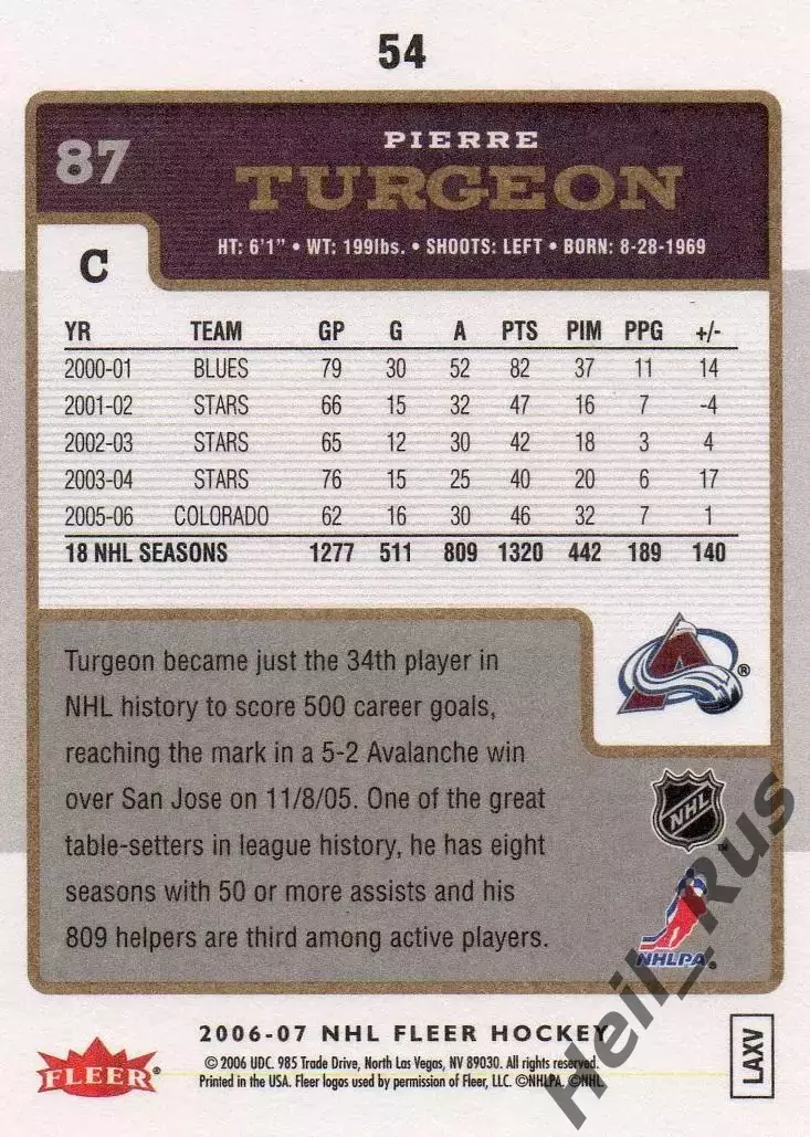 Карточка Pierre Turgeon/Пьер Тарджон Colorado Avalanche/Колорадо Эвеланш НХЛ/NHL 1