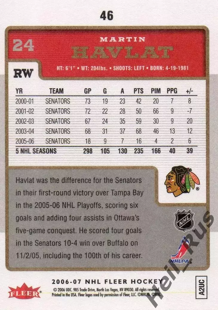 Карточка Мартин Гавлат Chicago Blackhawks/Чикаго Блэкхокс, Динамо Москва НХЛ/NHL 1