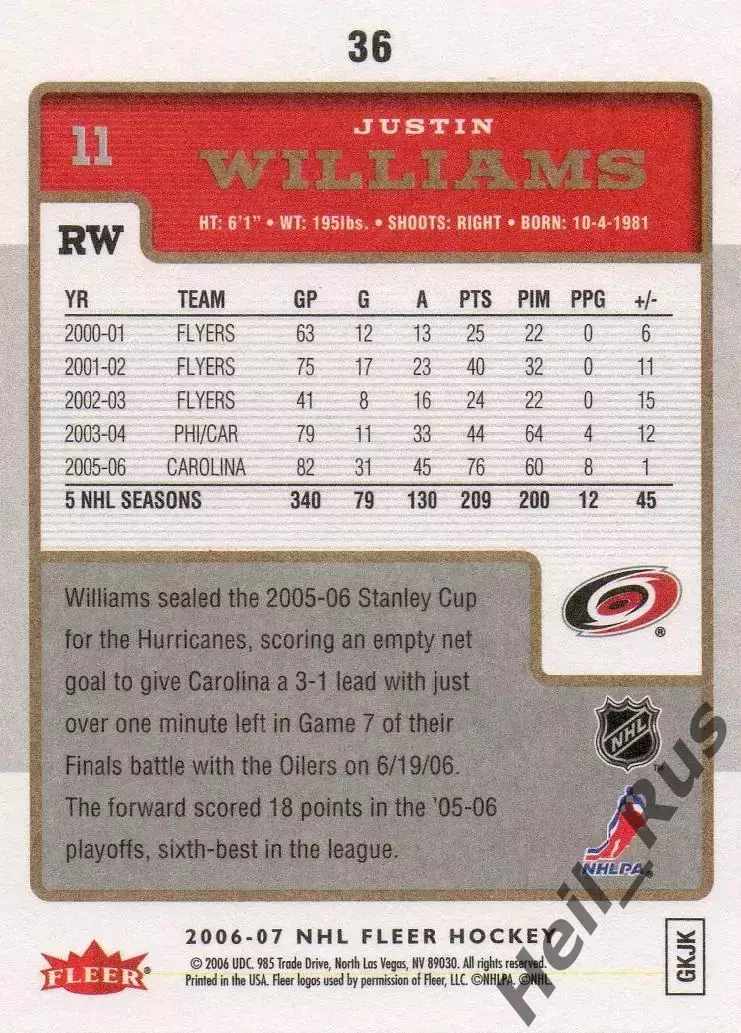 Карточка Justin Williams/Джастин Уильямс (Carolina Hurricanes/Каролина) NHL/НХЛ 1