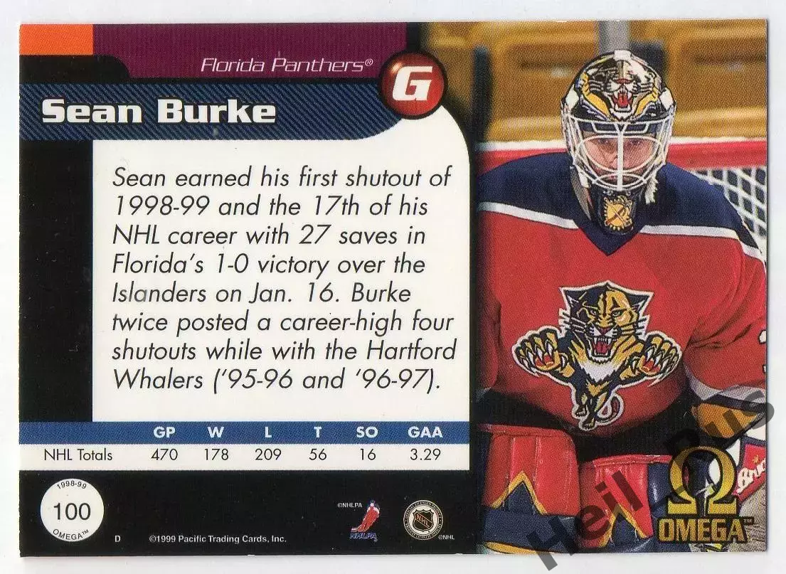 Хоккей. Карточка Sean Burke/Шон Бурк (Florida Panthers/Флорида Пантерз) НХЛ/NHL 1