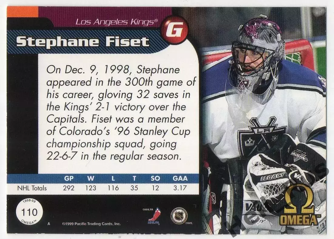 Карточка Stephane Fiset/Стефан Фисе Los Angeles Kings/Лос-Анджелес Кингз NHL/НХЛ 1