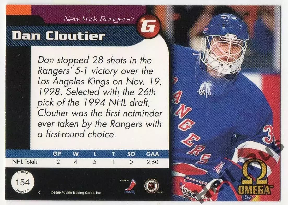 Карточка Dan Cloutier/Дэн Клутье (New York Rangers/Нью-Йорк Рейнджерс) NHL/НХЛ 1
