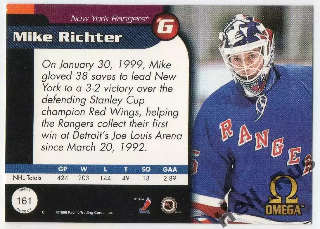 Карточка Mike Richter/Майк Рихтер (New York Rangers/Нью-Йорк Рейнджерс) NHL, НХЛ 1