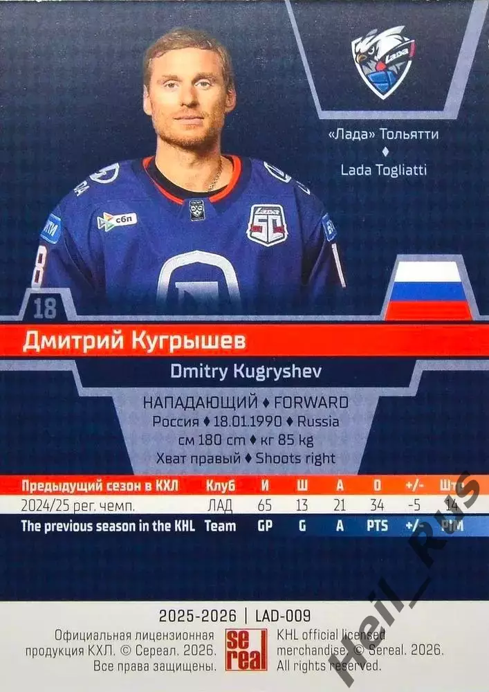 Хоккей. Карточка Дмитрий Кугрышев (Лада Тольятти) КХЛ/KHL сезон 2025/26 SeReal 1