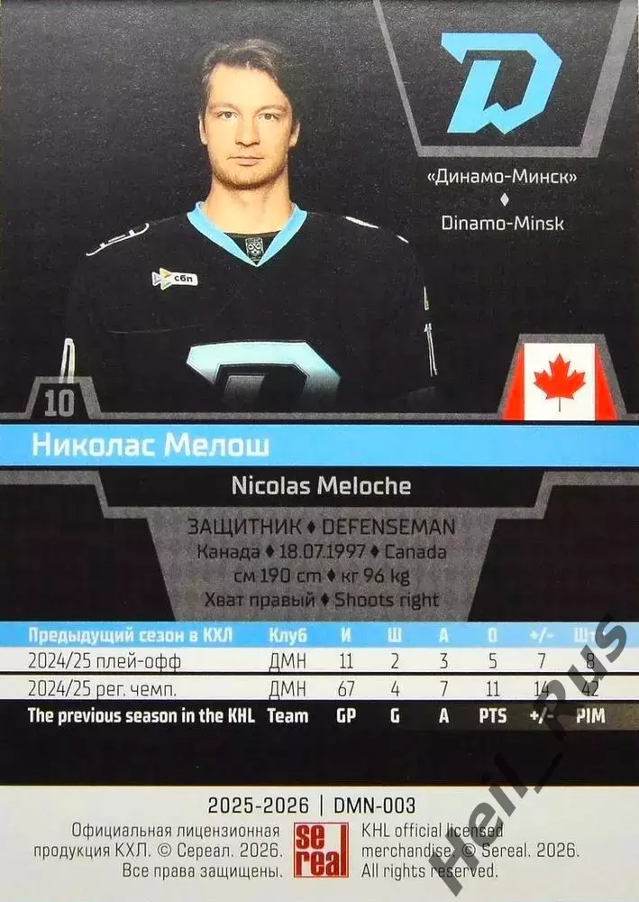 Хоккей. Карточка Николас Мелош Динамо Минск, Канада КХЛ/KHL сезон 2025/26 SeReal 1