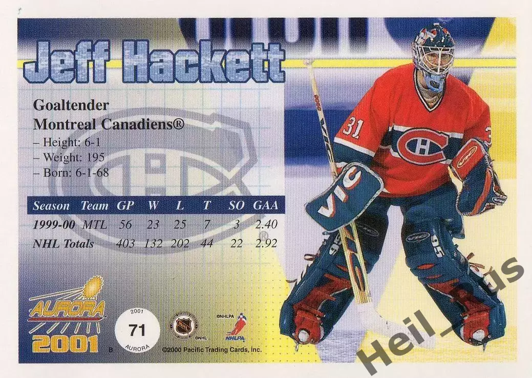 Карточка Jeff Hackett/Джефф Хэкетт Montreal Canadiens/Монреаль Канадиенс НХЛ/NHL 1
